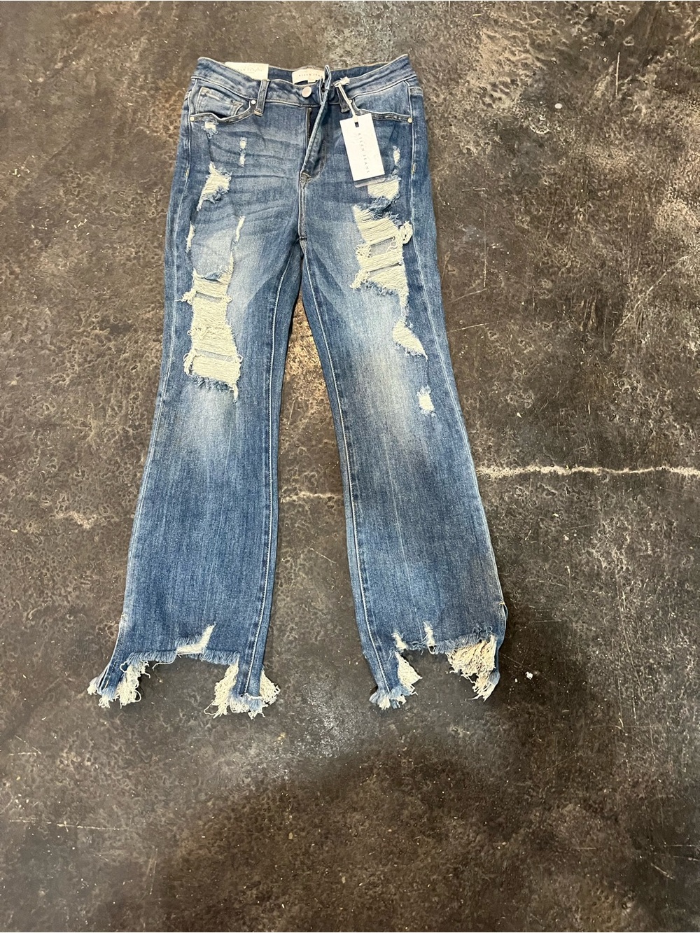 Frayed Hem Distressed Wide-Leg Jeans - Blue